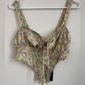 PrettyLittleThing US 6 cropped dip hem Floral Print corset top- green and pink
